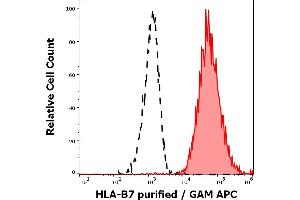 Separation of human lymphocytes of HLA-B7 positive blood donor (red-filled) from human lymphocytes of HLA-B7 negative blood donor (black-dashed) in flow cytometry analysis (surface staining) of human peripheral whole blood samples stained using anti-HLA-B7 (BB7.