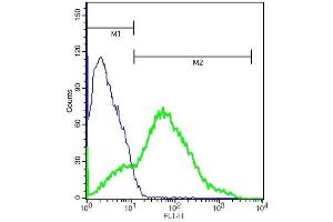 Mouse brain cells probed with Rabbit Anti-DRD3 Polyclonal Antibody (ABIN733808) at 1:50 for 40 minutes followed by incubation with Goat Anti-Rabbit IgG FITC conjugated secondary at 1:100 (green) for 40 minutes compared to control cells (blue) (DRD3 antibody  (AA 352-446))