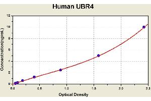 Diagramm of the ELISA kit to detect Human UBR4with the optical density on the x-axis and the concentration on the y-axis.