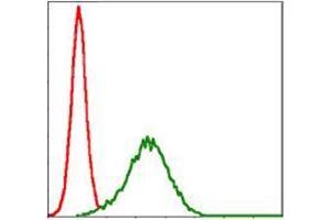 Flow cytometric analysis of HepG2 cells using NQO1 mouse mAb (green) and negative control (red). (NQO1 antibody)