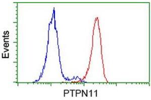 Flow cytometric Analysis of Hela cells, using anti-PTPN11 antibody (ABIN2453870), (Red), compared to a nonspecific negative control antibody, (Blue). (PTPN11 antibody)