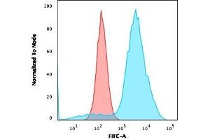 Flow Cytometric Analysis of SKBR-3 cells using B7-H4 Rabbit Recombinant Monoclonal Antibody (B7H4/2652R) followed by goat anti-rabbit IgG-CF488 (Blue); Isotype Control (Red).