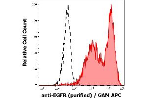 Separation of A-431 cells (red-filled) from SP2 cells (black-dashed) in flow cytometry analysis (surface staining) of cell lines stained using anti-EGFR (EGFR1) purified antibody (concentration in sample 1 μg/mL) GAM APC.