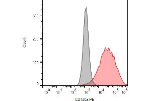 Separation of CD140a transfected cells stained using anti-human CD140a (16A1) PE antibody (concentration in sample 9 μg/mL, red) from unstained CD140a transfected cells (black) in flow cytometry analysis (surface staining). (PDGFRA antibody  (PE))