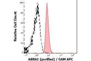 Separation of MOLT-4 cells stained using anti-ABRA1 (ABRA1-01) purified antibody (concentration in sample 9 μg/mL, GAM APC, red-filled) from MOLT-4 cells unstained by primary antibody (GAM APC, black-dashed) in flow cytometry analysis (intracellular staining). (CCDC98 antibody  (AA 1-313))