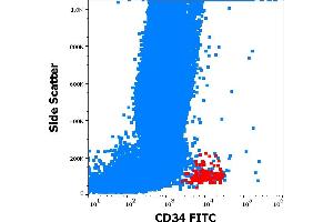 Flow cytometry surface staining pattern of human peripheral whole blood showing CD34 positive stem cells (red) stained using anti-human CD34 (581) FITC antibody (4 μL reagent / 100 μL of peripheral whole blood).