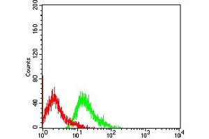 Flow cytometric analysis of Jurkat cells using CD329 mouse mAb (green) and negative control (red). (SIGLEC9 antibody  (AA 25-183))