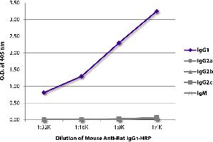 ELISA plate was coated with purified rat IgG1, IgG2a, IgG2b, IgG2c, and IgM. (Mouse anti-Rat IgG1 (Fc Region) Antibody (HRP))