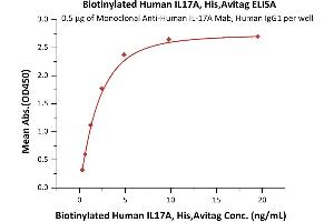 Immobilized Monoclonal A IL-17A Antibody, Human IgG1 at 5 μg/mL (100 μL/well) can bind Biotinylated Human IL17A, His,Avitag (ABIN6810035,ABIN6938852) with a linear range of 0. (Interleukin 17a Protein (AA 24-155) (His tag,AVI tag,Biotin))