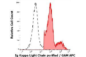 Separation of human Ig Kappa light chain positive lymphocytes (red-filled) from Ig Kappa light chain negative lymphocytes (black-dashed) in flow cytometry analysis (surface staining) of human peripheral whole blood stained using anti-human Ig Kappa Light Chain (TB28-2) purified antibody (concentration in sample 0. (kappa Light Chain antibody)