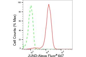 Flow cytometric analysis of JunD expression in HepG2 cells using JunD antibody (ABIN7799143), 1:2,000).