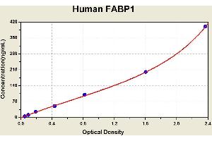 Diagramm of the ELISA kit to detect Human FABP1with the optical density on the x-axis and the concentration on the y-axis.