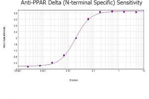 ELISA results of purified Rabbit anti-PPAR Delta (N-terminal specific) Antibody tested against BSA-conjugated peptide of immunizing peptide. (PPARD antibody)
