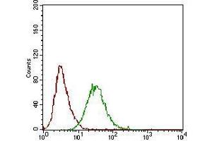 Flow cytometric analysis of Hela cells using PLA2G12A mouse mAb (green) and negative control (red). (PLA2G12A antibody  (AA 21-189))