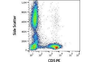 Flow cytometry surface staining pattern of human peripheral whole blood stained using anti-human CD5 (L17F12) PE antibody (10 μL reagent / 100 μL of peripheral whole blood).