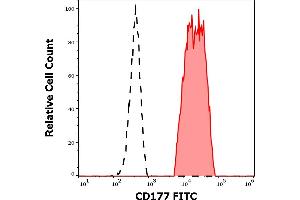 Separation of human CD177 positive neutrophil granulocytes (red-filled) from lymphocytes (black-dashed) in flow cytometry analysis (surface staining) of human peripheral whole blood stained using anti-human CD177 (MEM-166) FITC antibody (20 μL reagent / 100 μL of peripheral whole blood). (CD177 antibody  (FITC))