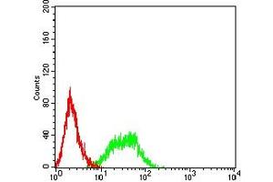 Flow cytometric analysis of HL-60 cells using CD336 mouse mAb (green) and negative control (red). (NKp44/NCR2 antibody  (AA 22-192))