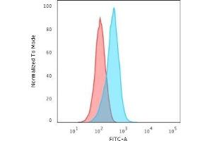 Flow Cytometric Analysis of human K562 cells using IGF-1 Rabbit Recombinant Monoclonal Anitbody (IGF1/2872R) followed by Goat anti-Mouse IgG-CF488 (Blue); Isotype control (Red). (Recombinant IGF1 antibody)