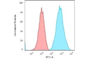 Flow Cytometric Analysis of human Raji cells using HLA-DR Monoclonal Antibody (SPM289) followed by Goat anti-Mouse IgG-CF488 (Blue); Isotype Control (Red). (HLA-DR antibody)