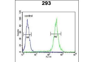Flow cytometric analysis of 293 cells (right histogram) compared to a negative control cell (left histogram). (UNC13B antibody  (AA 1062-1091))