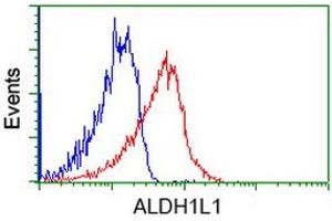 Flow cytometric Analysis of Jurkat cells, using anti-ALDH1L1 antibody (ABIN2453883), (Red), compared to a nonspecific negative control antibody, (Blue). (ALDH1L1 antibody)