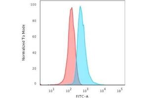 Flow Cytometric Analysis of Jurkat cells using CD3e Monoclonal Antibody (C3e/1308) followed by Goat anti-Mouse IgG-CF488 (Blue); Isotype Control (Red). (CD3 epsilon antibody  (AA 23-119))