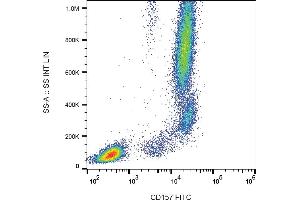 Flow cytometry analysis (surface staining) of human peripheral blood leukocytes with anti-human CD157 (SY11B5) FITC.