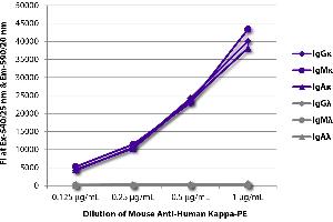 FLISA plate was coated with purified human IgGκ, IgMκ, IgAκ, IgGλ, IgMλ, and IgAλ. (Mouse anti-Human Immunoglobulin kappa Chain Complex (Igk) Antibody (PE))