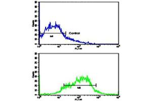 Flow cytometric analysis of HepG2 cells using EPHA1 polyclonal antibody (bottom histogram) compared to a negative control cell (top histogram). (EPHA1 antibody  (N-Term))