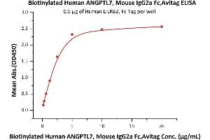 Immobilized Human LILRB2, Fc Tag (ABIN5526660,ABIN5526661) at 5 μg/mL (100 μL/well) can bind Biotinylated Human ANGPTL7, Mouse IgG2a Fc,Avitag (ABIN5954950,ABIN6253625) with a linear range of 0.