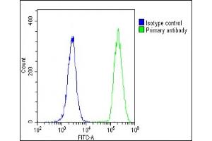 Overlay histogram showing U-2 OS cells stained with (ABIN1537519 and ABIN2848791)(green line). (MT-ND4L antibody  (C-Term))