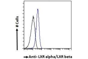 ABIN185294 Flow cytometric analysis of paraformaldehyde fixed A549 cells (blue line), permeabilized with 0. (Nuclear Receptor Subfamily 1, Group H, Member 2/3 (NR1H2/3) (AA 429-442), (AA 443-456) antibody)