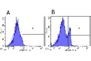 Flow-cytometry using anti-CD4 antibody MT310   Rhesus monkey lymphocytes were stained with an isotype control (panel A) or the rabbit-chimeric version of MT310 ( panel B) at a concentration of 1 µg/ml for 30 mins at RT. (Recombinant CD4 antibody)