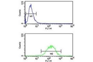 IL-1 antibody flow cytometry analysis of NCI-H460 cells (bottom histogram) compared to a negative control (top histogram). (IL1A antibody  (AA 177-206))
