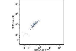 Double surface staining of HLA-G1 transfectants (viable cells gate) using anti-human HLA-G (MEM-G/9) APC and anti-human HLA-G (MEM-G/11) FITC (HLAG antibody)