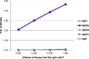 ELISA plate was coated with purified rat IgG1, IgG2a, IgG2b, IgG2c, and IgM. (Mouse anti-Rat IgG2a Antibody (Biotin))