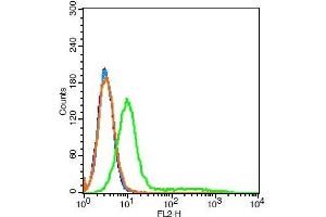 A549 cells probed with	CD14 Polyclonal Antibody, Unconjugated  at 1:20 for 30 minutes followed by incubation with a conjugated secondary (PE Conjugated) (green) for 30 minutes compared to control cells (blue), secondary only (light blue) and isotype control (orange). (CD14 antibody  (AA 201-300))