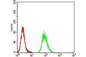Flow cytometric analysis of Hela cells using VP2 mouse mAb (green) and negative control (red). (VP2 (AA 296-438) antibody)