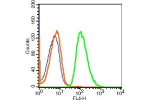 HeLa cells probed with CKAP4 Polyclonal Antibody, ALEXA FLUOR® 647 Conjugated (bs-6520R-A647) at 1:100 for 30 minutes compared to control cells (blue)and isotype control (orange). (CKAP4 antibody  (AA 525-602) (Alexa Fluor 647))