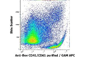 Flow cytometry surface staining pattern of bovine peripheral whole blood stained using anti-bovine CD41/CD61 (IVA30) purified antibody (concentration in sample 3 μg/mL, GAM APC). (CD41, CD61 antibody)
