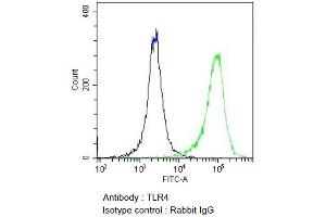 Flow Cytometry analysis using Rabbit Anti-TLR4 Polyclonal Antibody (ABIN2485961). (TLR4 antibody  (AA 420-435) (Atto 390))