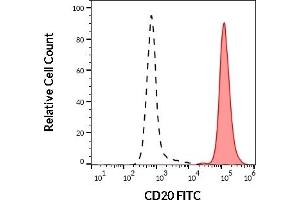 Separation of human CD20 positive lymphocytes (red-filled) from neutrophil granulocytes (black-dashed) in flow cytometry analysis (surface staining) of human peripheral whole blood stained using anti-human CD20 (LT20) FITC antibody (20 μL reagent / 100 μL of peripheral whole blood). (CD20 antibody  (FITC))