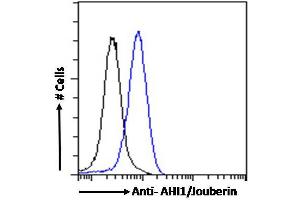 ABIN185303 Flow cytometric analysis of paraformaldehyde fixed HeLa cells (blue line), permeabilized with 0.