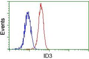 Flow cytometric analysis of Hela cells, using anti-ID3 antibody (ABIN2453162), (Red) compared to a nonspecific negative control antibody (TA50011) (Blue). (ID3 antibody)