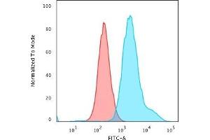 Flow Cytometric Analysis of PFA-fixed HeLa cells using Cytokeratin 7 Rabbit Recombinant MAb (KRT7/1499R) followed by Goat anti-rabbit IgG-CF488 (Blue); Isotype Control (Red) (Cytokeratin 7 antibody)