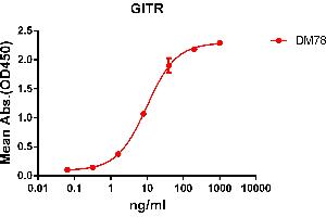 ELISA plate pre-coated by 2 μg/mL (100 μL/well) Human GITR protein, hFc-His tagged protein ((ABIN6961091, ABIN7042211 and ABIN7042212)) can bind Rabbit anti-GITR monoclonal antibody(clone: DM78) in a linear range of 1-100 ng/mL. (TNFRSF18 antibody  (AA 266-162))