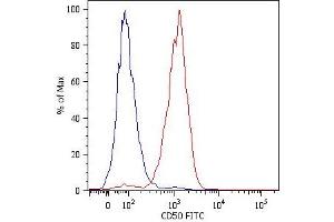 Surface staining of JURKAT humanleukemia T cell line with anti-human CD50 (MEM-171) FITC. (ICAM-3/CD50 antibody)