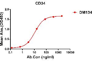 ELISA plate pre-coated by 1 μg/mL (100 μL/well) Human CD34 protein, His tagged protein ABIN6961155, ABIN7042339 and ABIN7042340 can bind Rabbit anti-CD34 monoclonal antibody (clone: DM134) in a linear range of 0. (CD34 antibody  (AA 32-290))