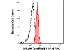 Separation of human monocytes stained using anti-NR2F6 (EM-51) purified antibody (concentration in sample 3 μg/mL, GAM APC, red-filled) from monocytes unstained by primary antibody (GAM APC, black-dashed) in flow cytometry analysis (intracellular staining). (NR2F6 antibody)