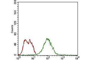 Flow cytometric analysis of MCF-7 cells using mSplunc2 mouse mAb (green) and negative control (red). (BPIFA2 antibody  (AA 16-169))